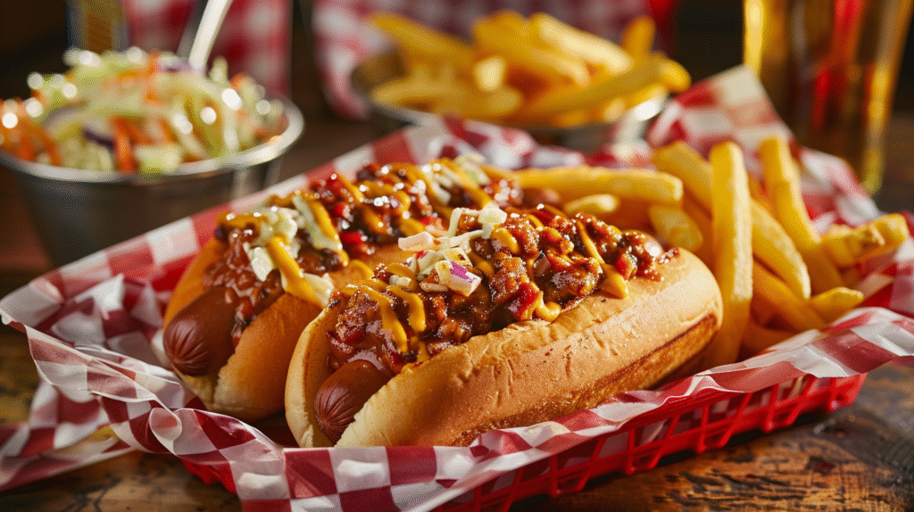 Chili cheese dogs served with french fries and coleslaw for complete comfort food meal