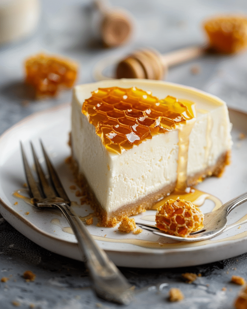 Perfect slice of honeycomb cheesecake showing creamy layers and crunchy honeycomb topping