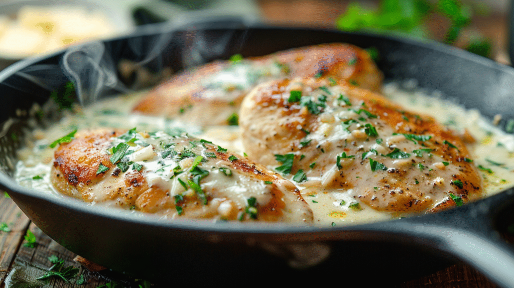 Three variations of Creamy Garlic Parmesan Chicken showing original, spicy, and herb versions