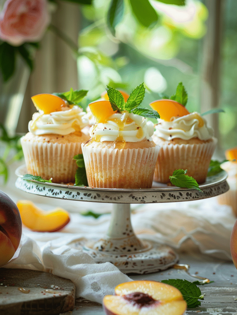 Beautifully presented honey peach cream cheese cupcakes on cake stand with fresh garnishes