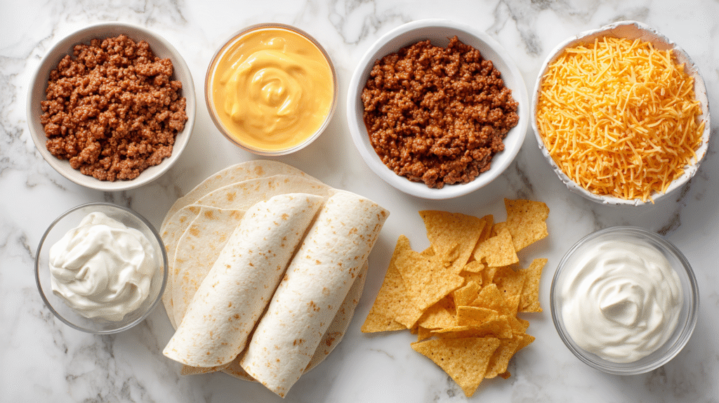 Taco Bell Beefy Melt Burrito ingredients laid out including ground beef, cheese, and tortillas