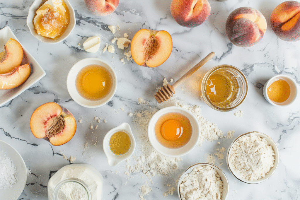 Fresh ingredients for honey peach cream cheese cupcakes including peaches, cream cheese, and honey