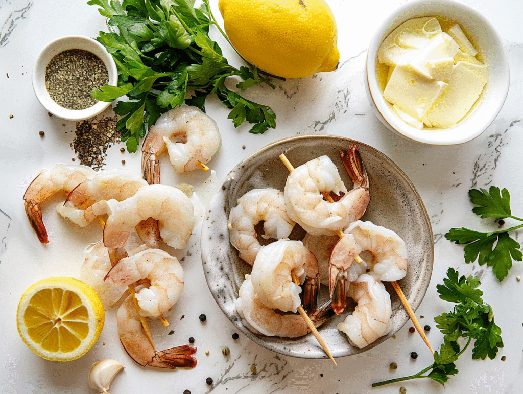 Fresh ingredients for garlic butter shrimp skewers including large shrimp, garlic, butter and herbs