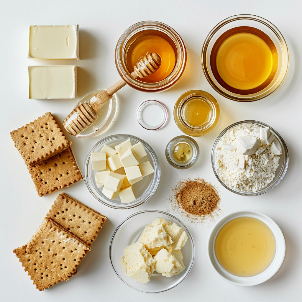 Honeycomb cheesecake recipe ingredients including cream cheese, honey, and biscuits laid out