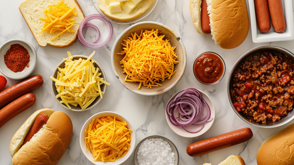 Chili cheese dogs recipe ingredients laid out including hot dogs, chili, and cheddar cheese