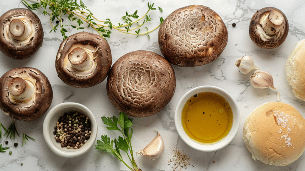 Fresh portobello mushrooms and marinade ingredients for burger recipe