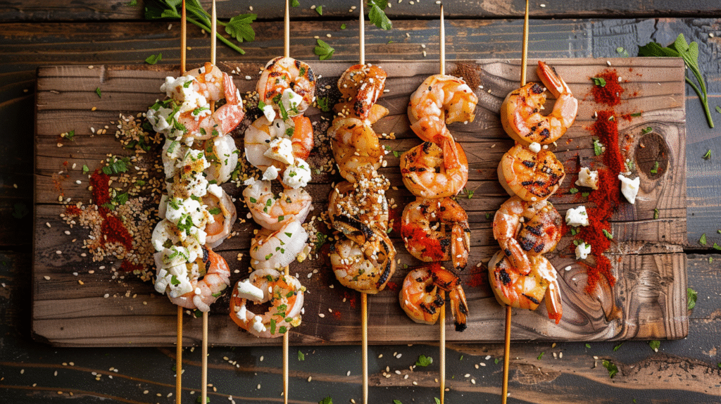 Three different garlic butter shrimp skewer variations showing Mediterranean, Asian, and Cajun styles