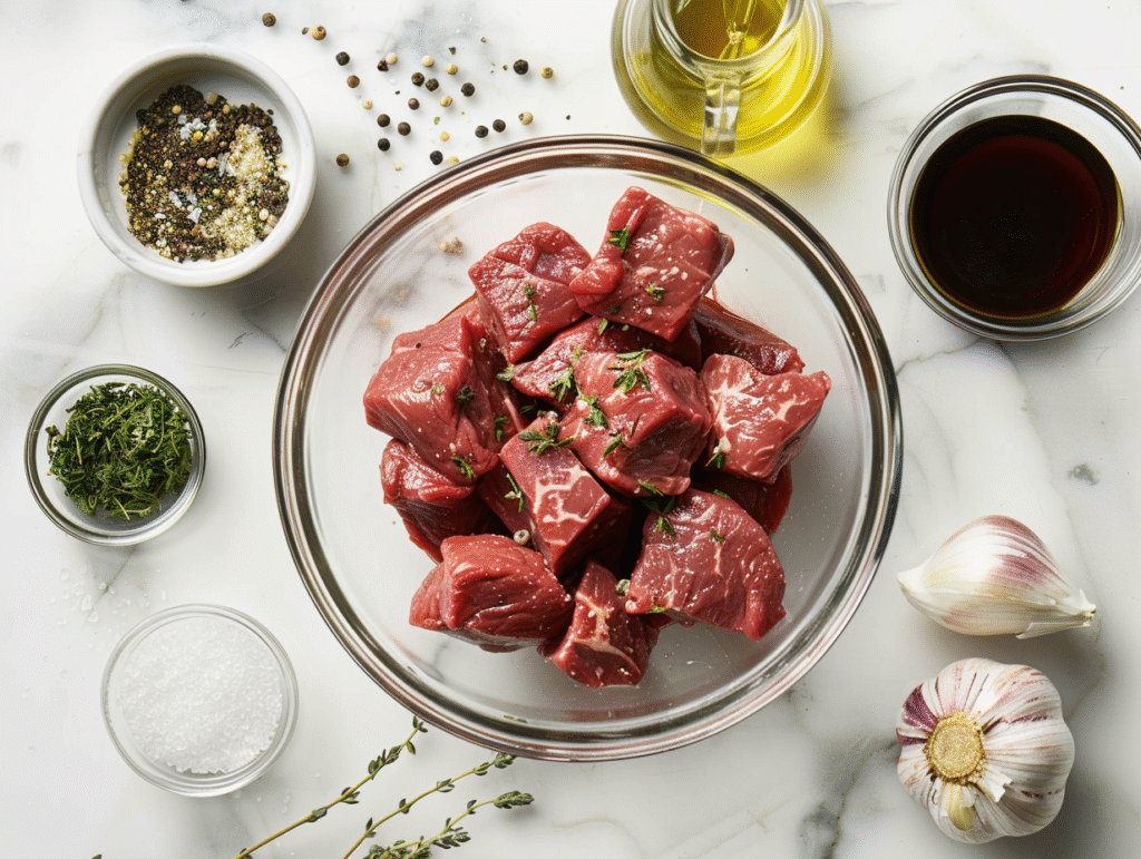 Raw steak cubes marinating in bowl for grilled steak kabobs with olive oil and herbs