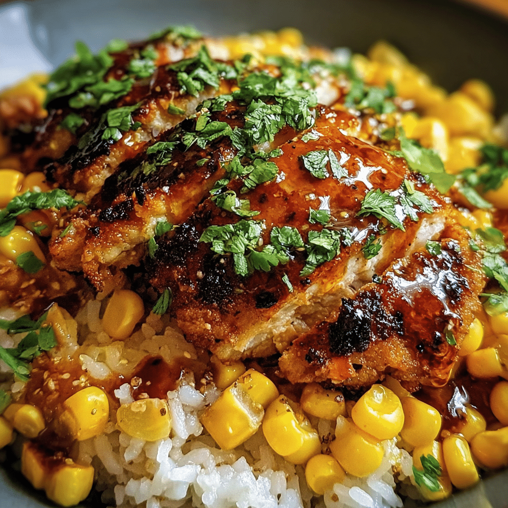 Street corn chicken rice bowl with seared chicken, charred corn, cotija cheese and cilantro garnish