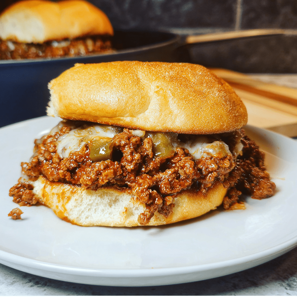 Delicious Philly Cheesesteak Sloppy Joes with melted provolone cheese on toasted buns