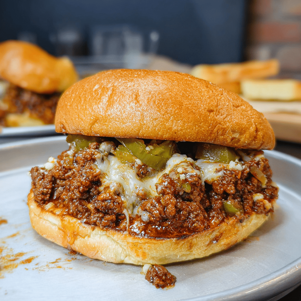 Delicious Philly Cheesesteak Sloppy Joes with melted provolone cheese on toasted buns