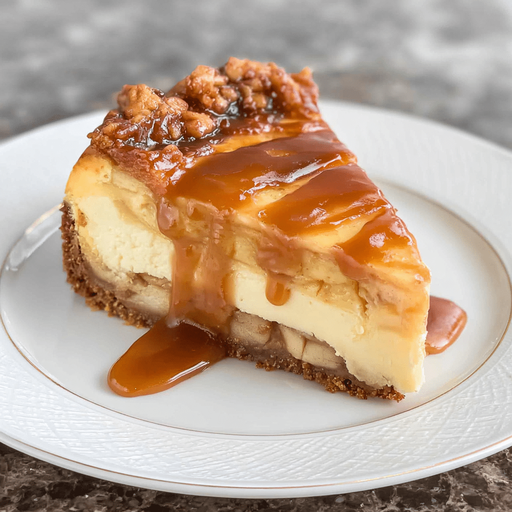 Perfect caramel apple cheesecake with golden caramel drizzle and cinnamon apples on rustic wooden stand