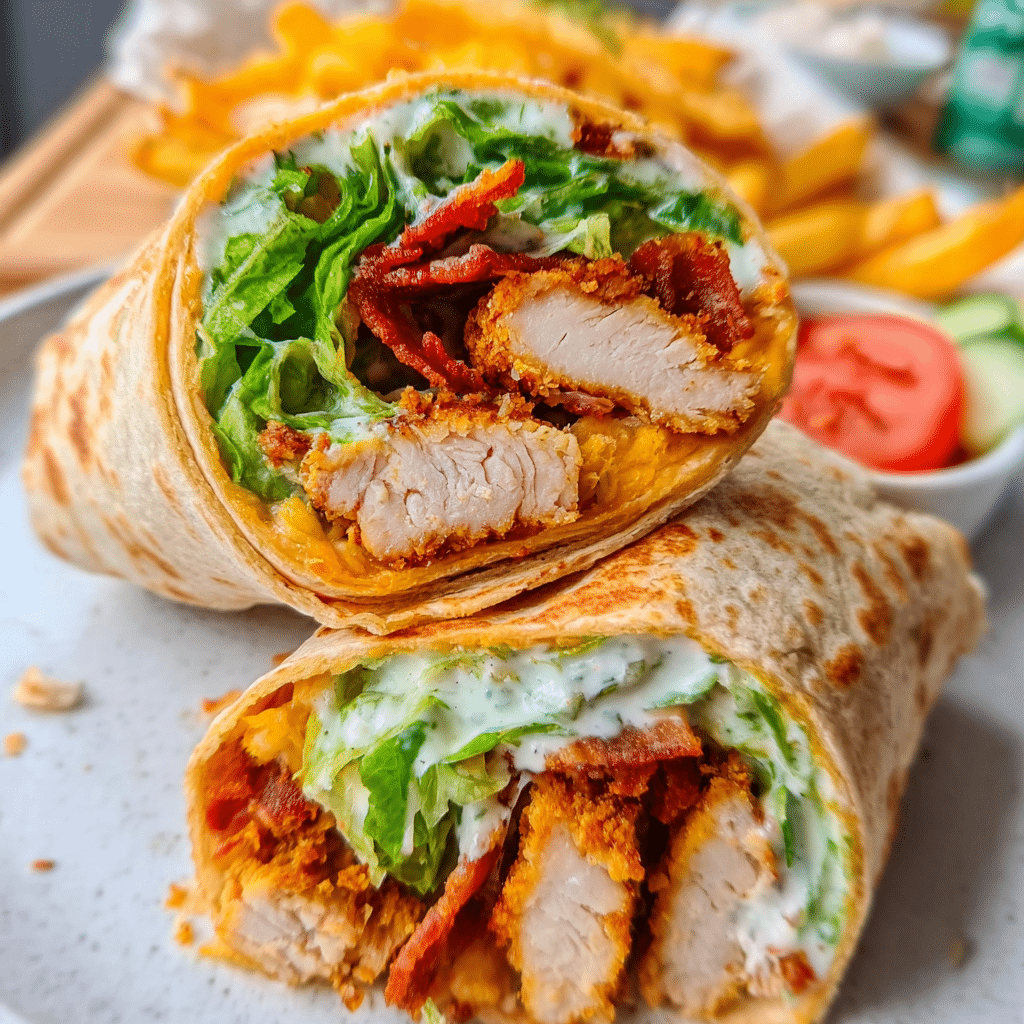 Crispy chicken ranch wrap recipe with golden fried chicken, fresh vegetables and ranch dressing