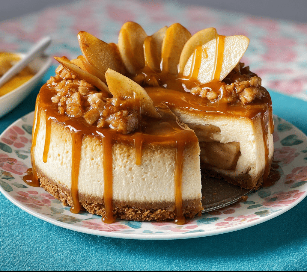 Perfect caramel apple cheesecake with golden caramel drizzle and cinnamon apples on rustic wooden stand