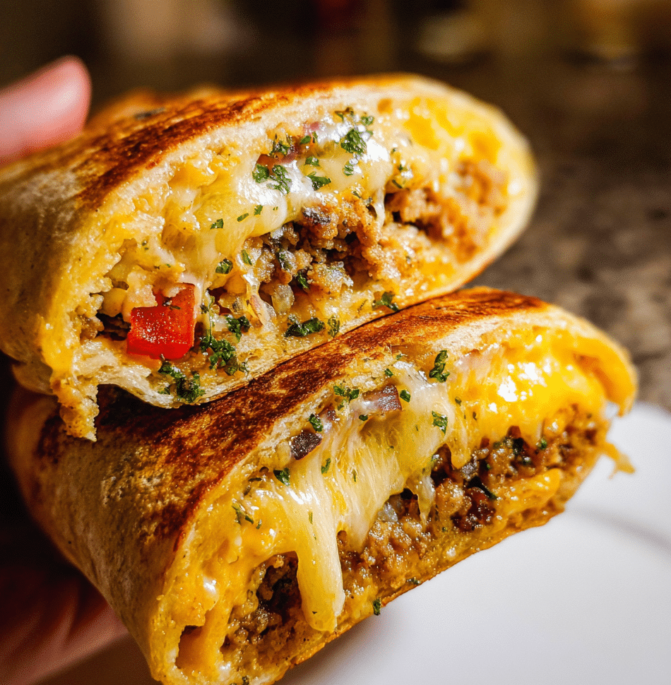 Crispy grilled cheese burrito cut in half showing melted cheese and colorful filling