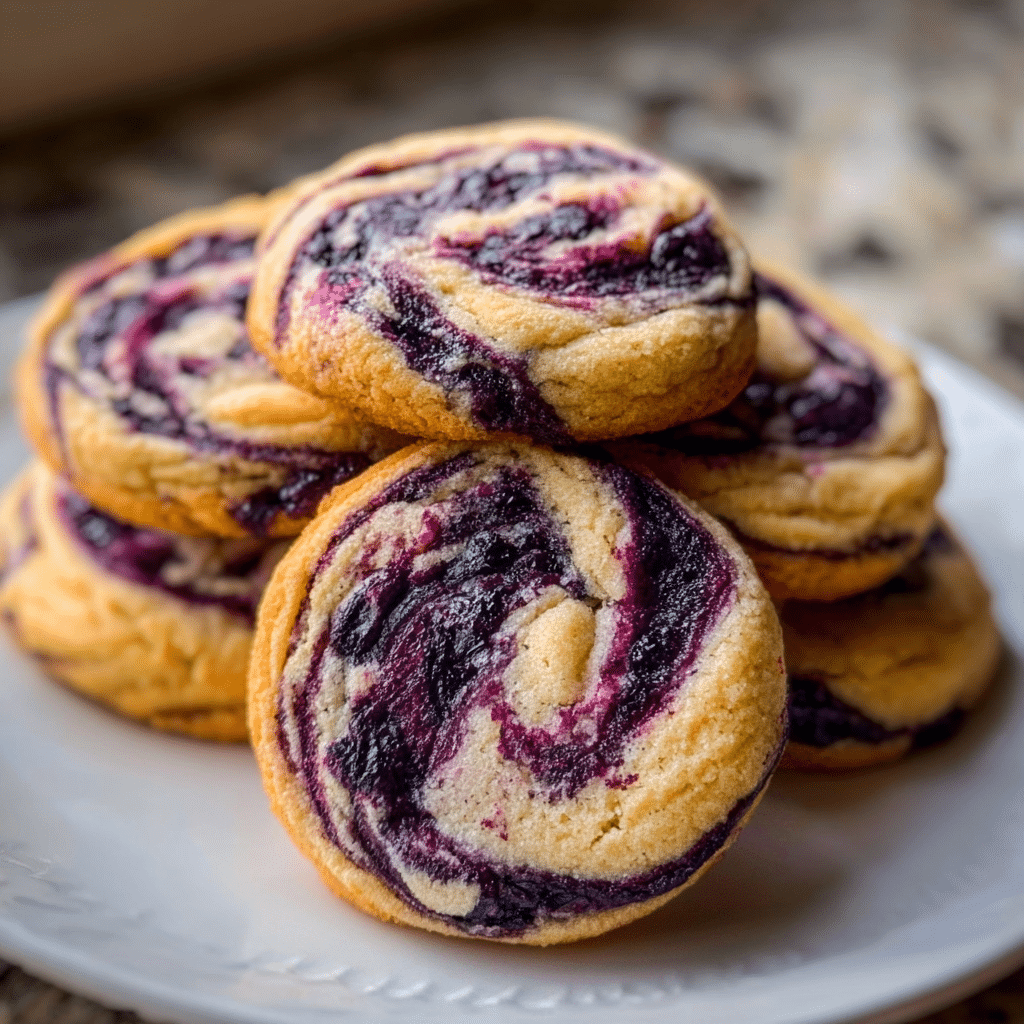 Blueberry cheesecake swirl cookies with cream cheese filling and purple blueberry swirl on parchment paper