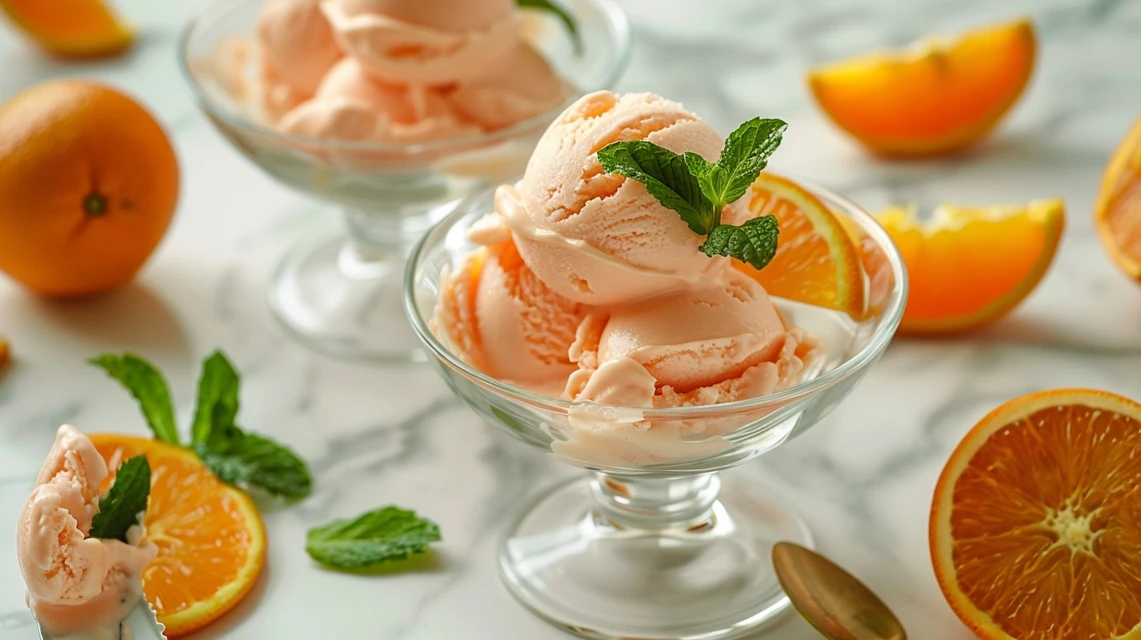 Orange Crush Sherbet served in glass bowls with fresh orange garnish and mint