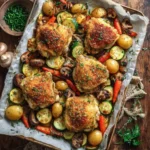 One-pan baked chicken with potatoes and vegetables on parchment-lined baking sheet