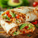Perfectly served chicken avocado burrito with fresh salsa and sour cream garnish