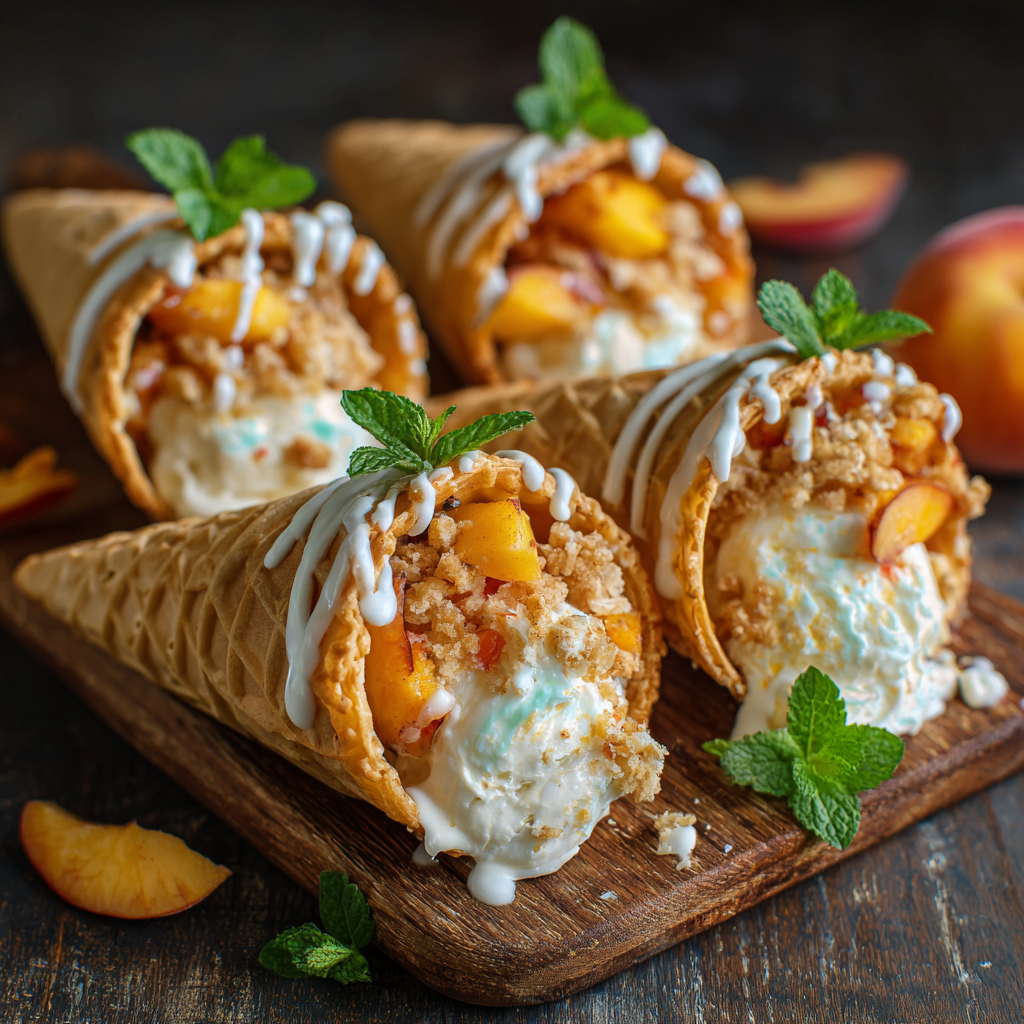 Peach cobbler cheesecake cones with fresh peaches and white chocolate drizzle on wooden board