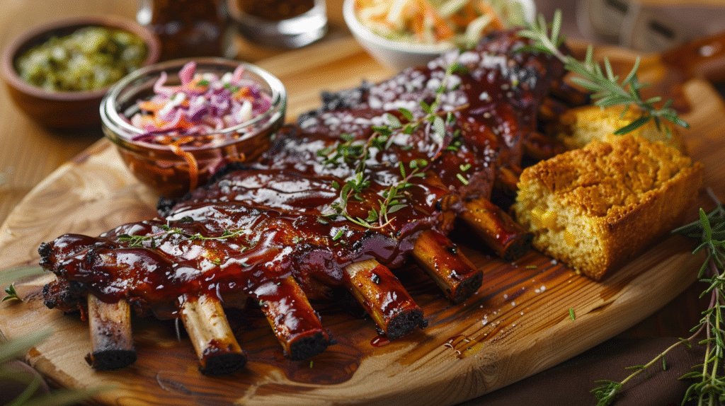 BBQ baby back ribs with meat falling off the bone, glazed with BBQ sauce on wooden cutting board