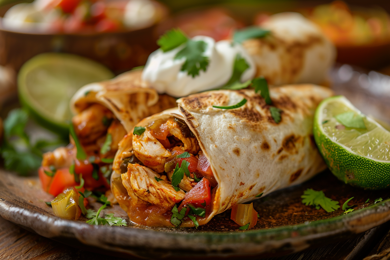 Golden crispy chicken avocado burrito cut in half showing creamy filling with melted cheese