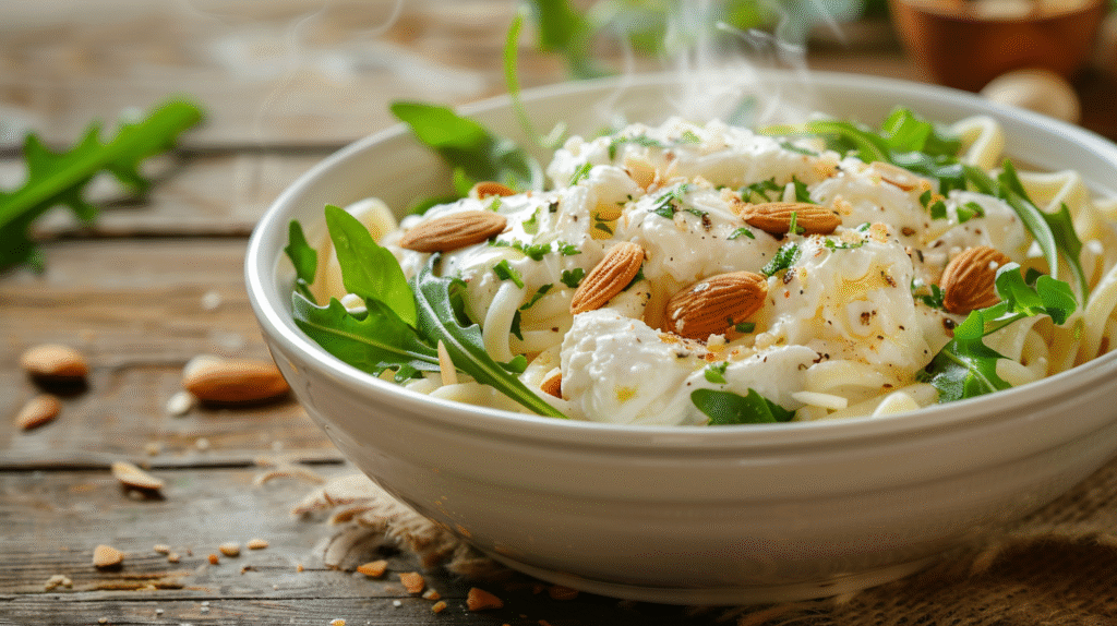 Burrata Pasta with Toasted Almonds & Arugula: A 20-Minute Italian-Inspired Dinner