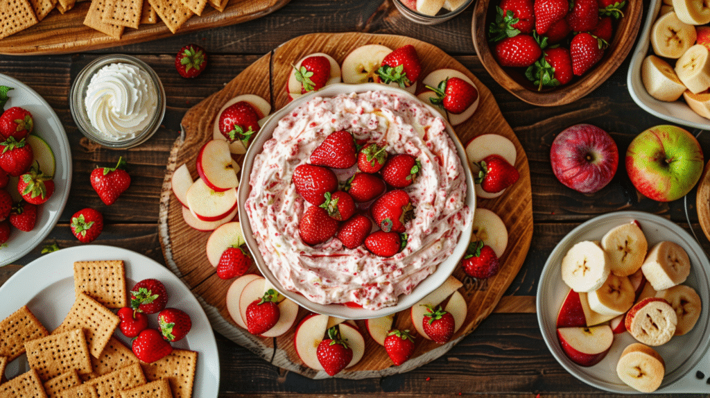 Strawberry cheesecake dip with graham crackers and fresh strawberries on marble counter