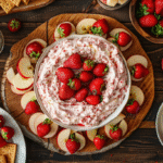 Strawberry cheesecake dip with graham crackers and fresh strawberries on marble counter
