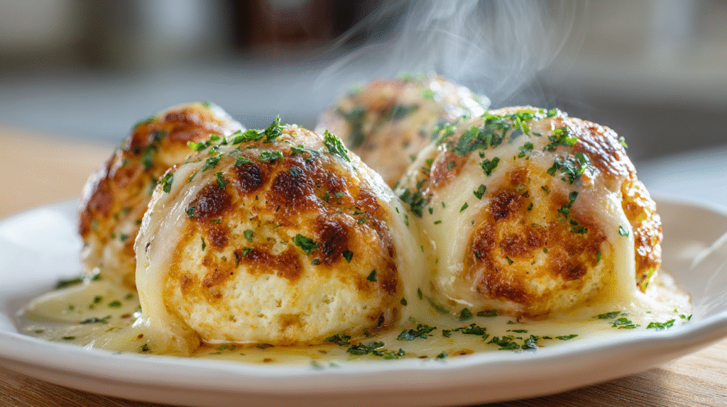 Pillsbury biscuit garlic butter cheese bombs with melted mozzarella on white plate
