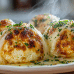 Pillsbury biscuit garlic butter cheese bombs with melted mozzarella on white plate