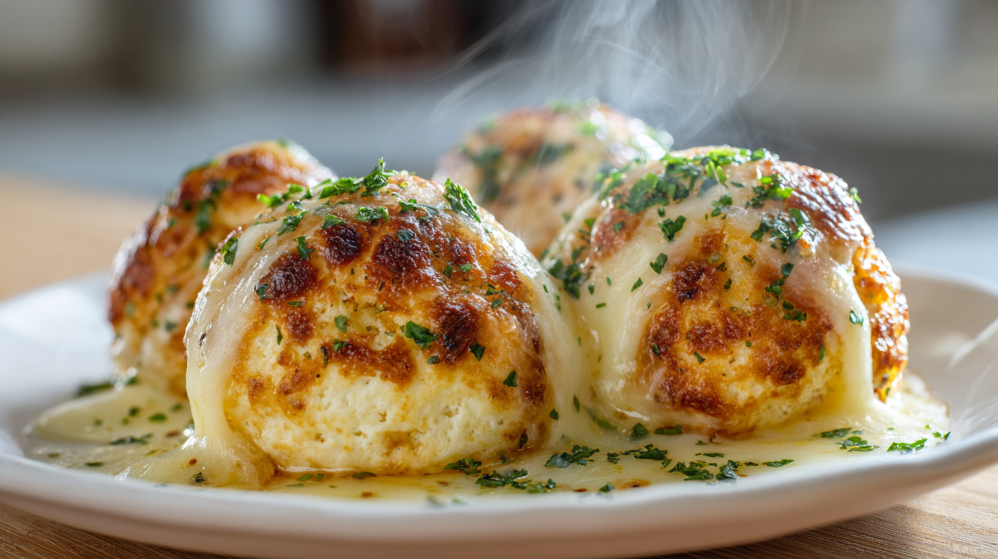 Pillsbury biscuit garlic butter cheese bombs with melted mozzarella on white plate