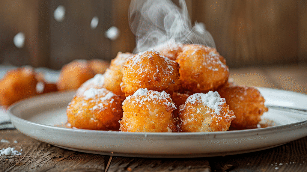 Deep fried marshmallows with golden crispy coating and powdered sugar on white plate