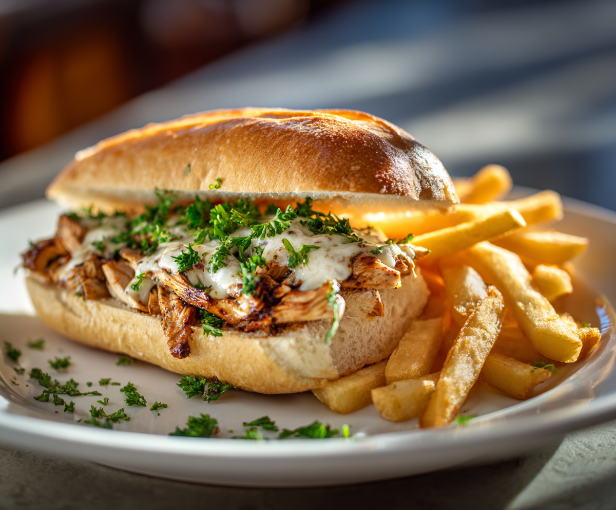 Chicken Philly Cheesesteak Sandwiches with melted cheese and vegetables on wooden board