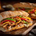 Finished Chicken Philly Cheesesteak Sandwiches served with french fries on white plate
