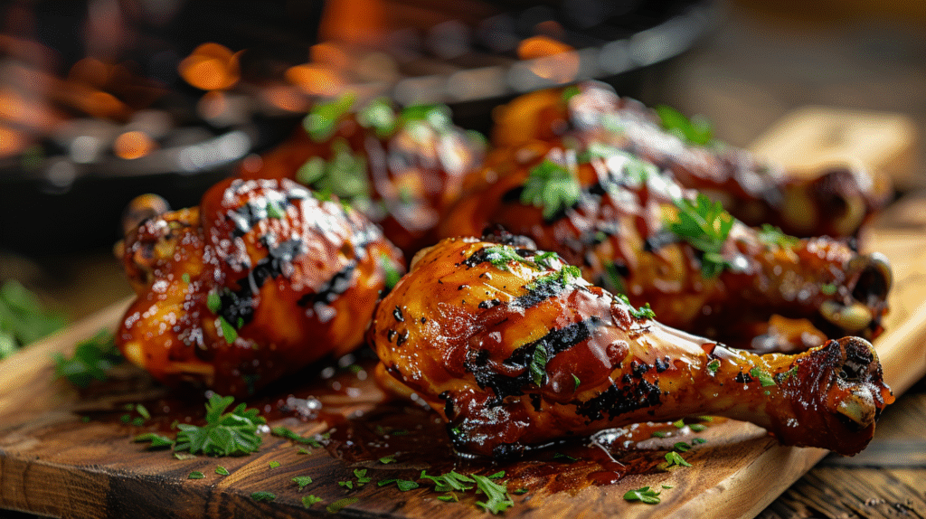 Grilled BBQ chicken drumsticks with caramelized glaze on wooden board