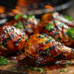 Grilled BBQ chicken drumsticks with caramelized glaze on wooden board
