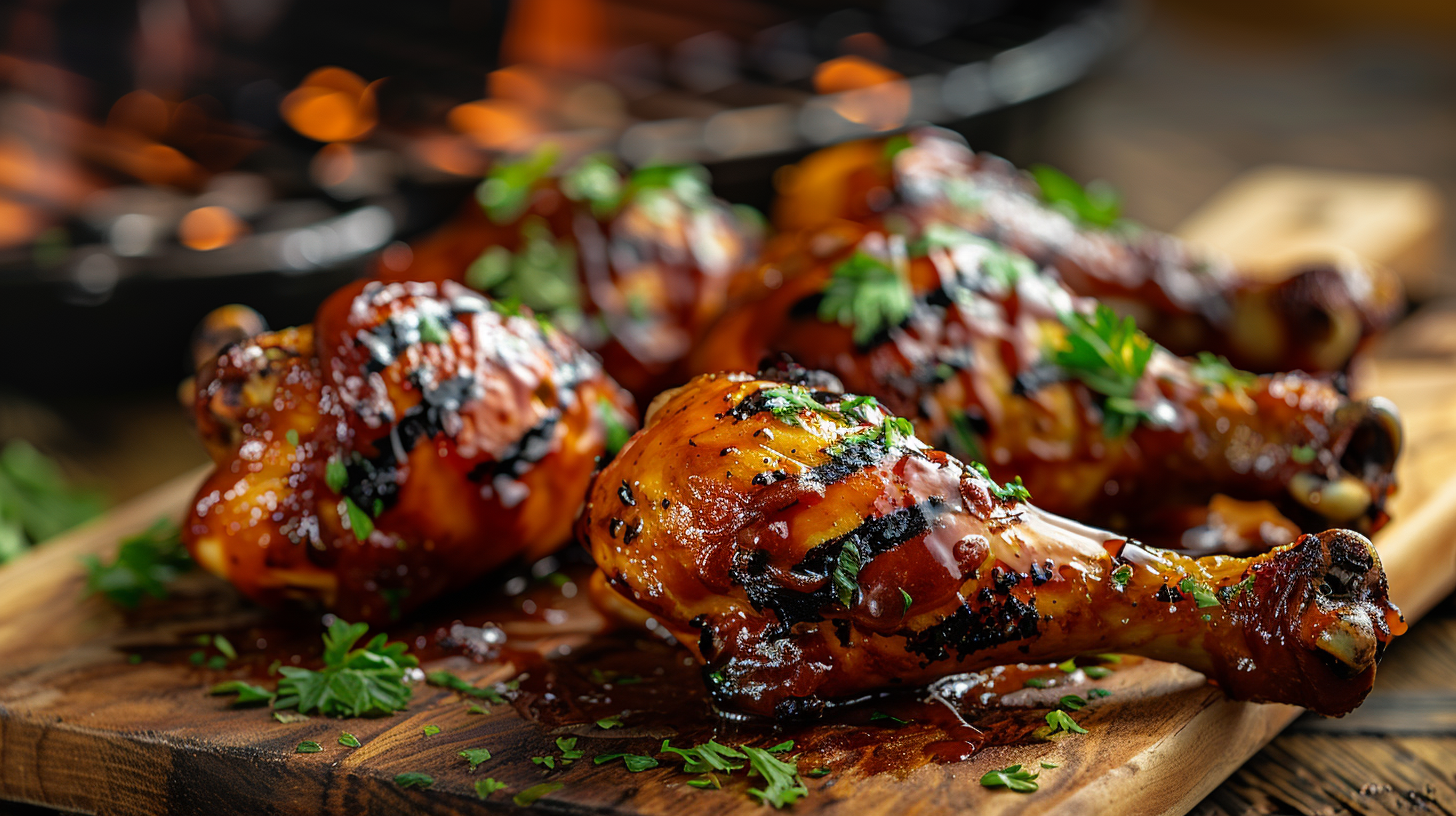 Grilled BBQ chicken drumsticks with caramelized glaze on wooden board