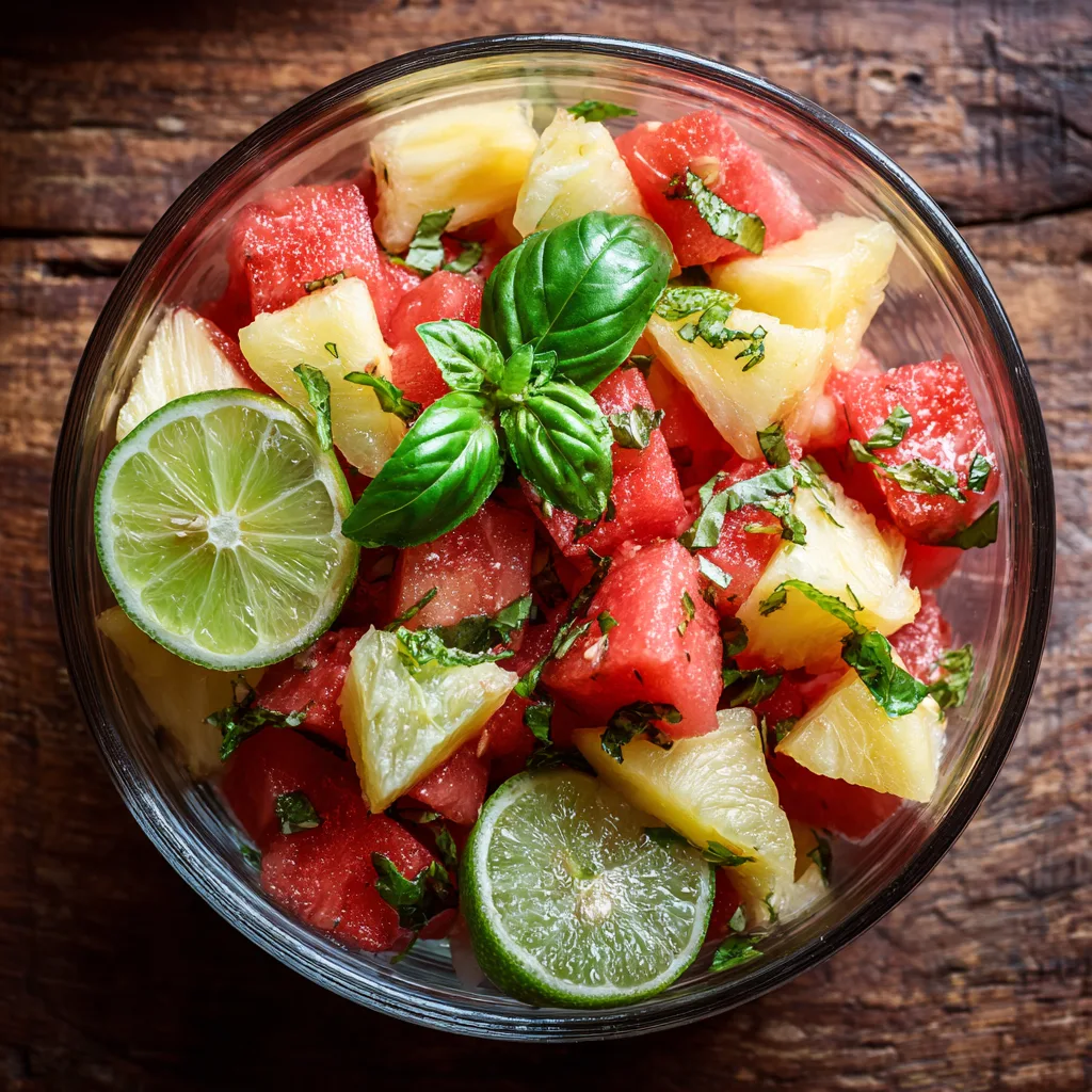 Pineapple and watermelon salad with fresh basil and lime in glass serving bowl