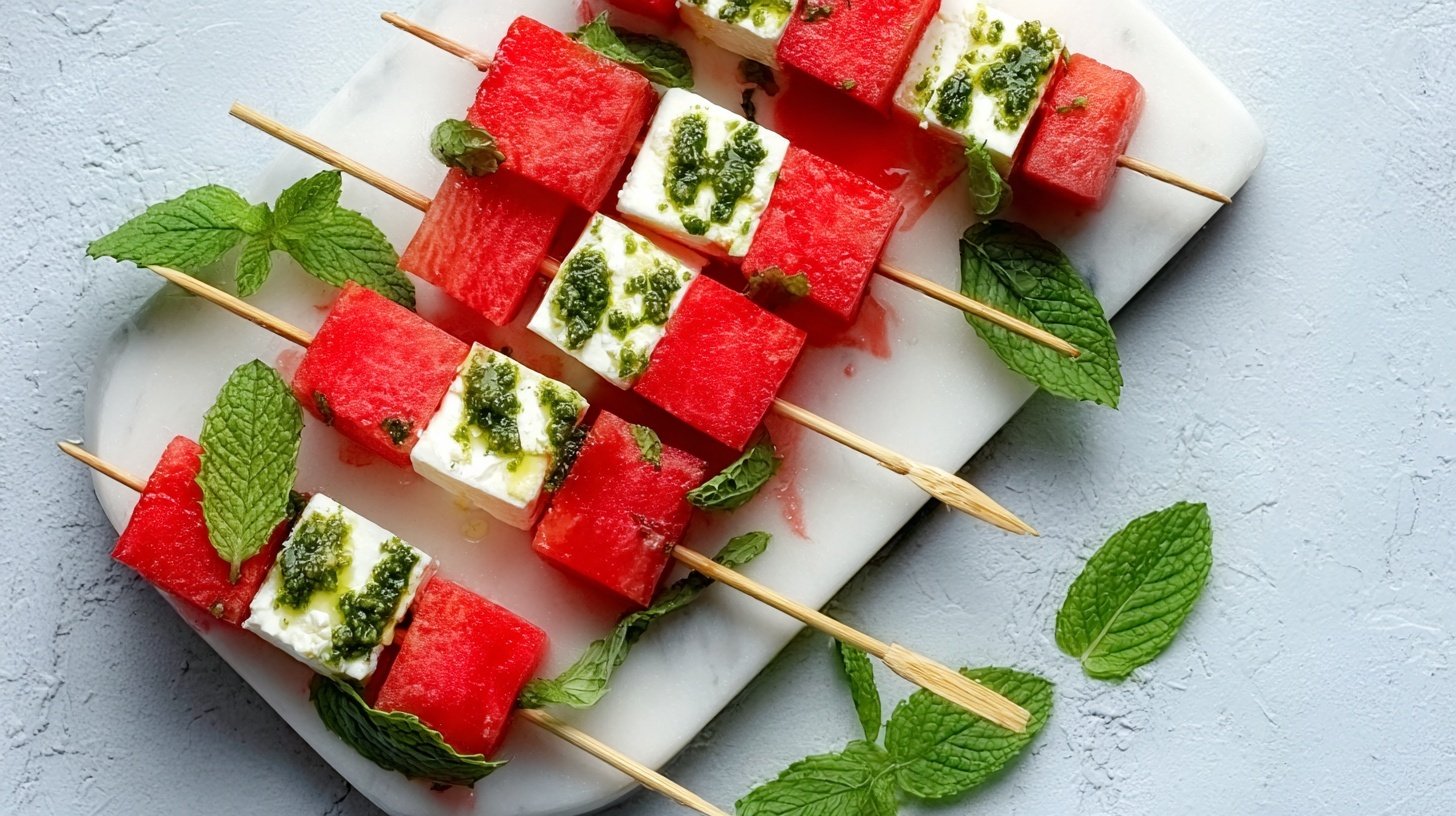 Watermelon feta mint skewers arranged on marble board for summer appetizer recipe