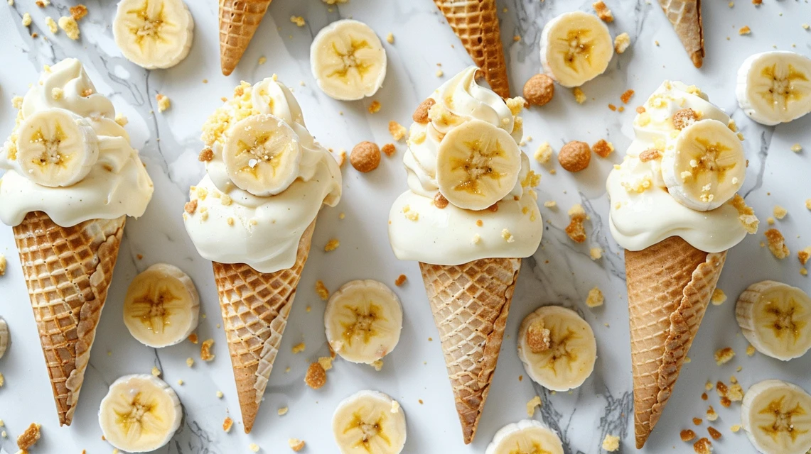 Banana Pudding Cheesecake Cones arranged on marble counter showing layered dessert with waffle cones