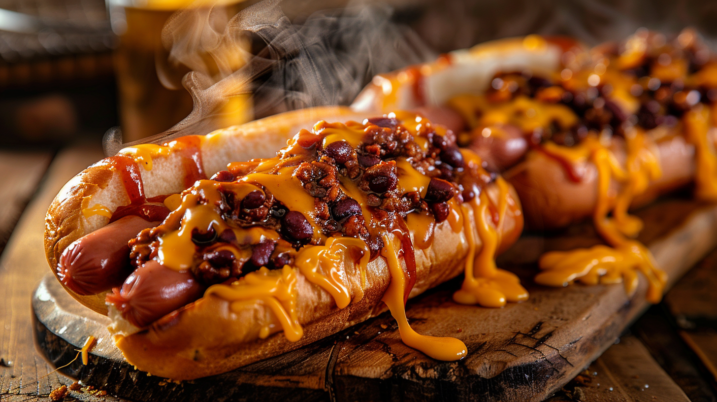 Chili cheese dogs with melted cheddar cheese and beef chili on toasted buns