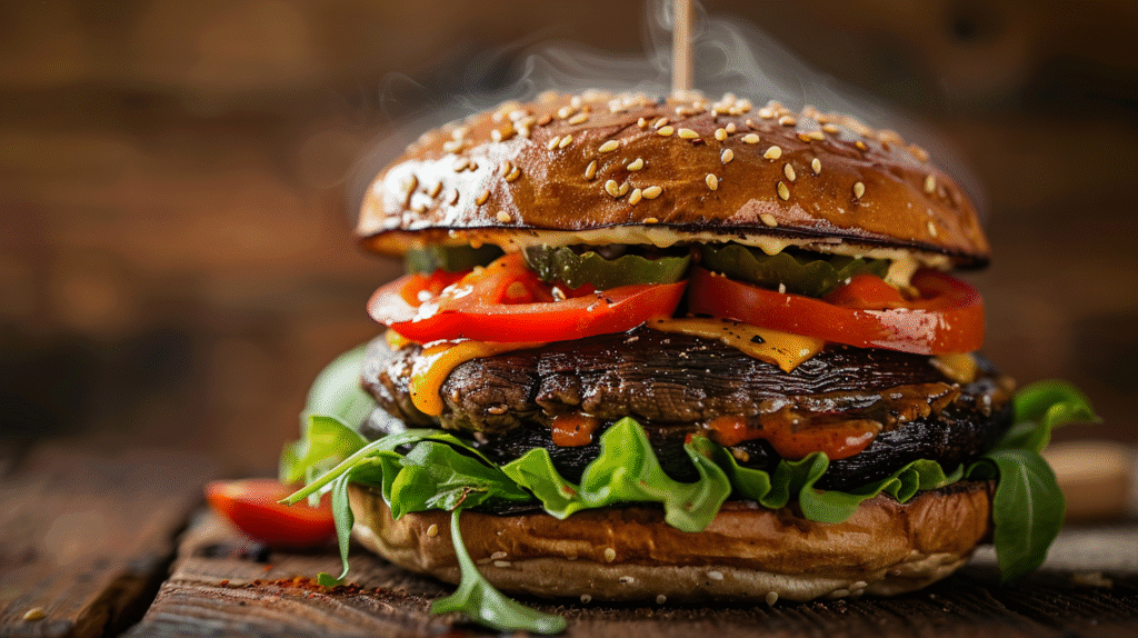 Grilled portobello mushroom burger with cheese and fresh toppings on wooden table