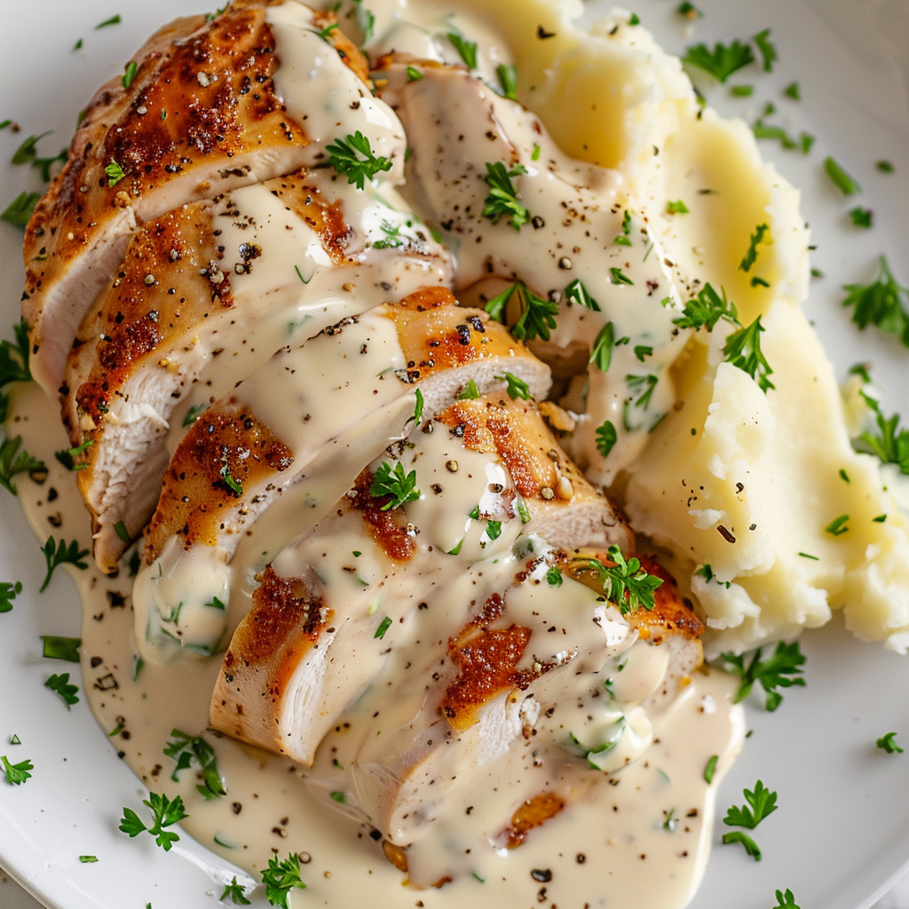 Creamy Garlic Parmesan Chicken in cast iron skillet with rich cream sauce and melted cheese