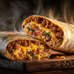 Homemade Taco Bell Beefy Melt Burrito recipe cut in half showing seasoned beef and melted cheeseHomemade Taco Bell Beefy Melt Burrito recipe cut in half showing seasoned beef and melted cheese