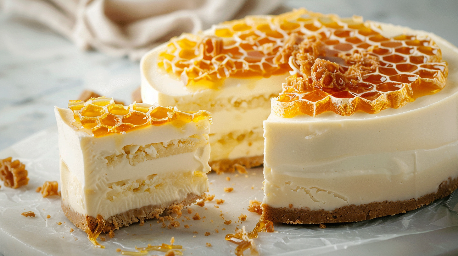 Honeycomb cheesecake with golden crunchy topping and creamy filling on marble surface