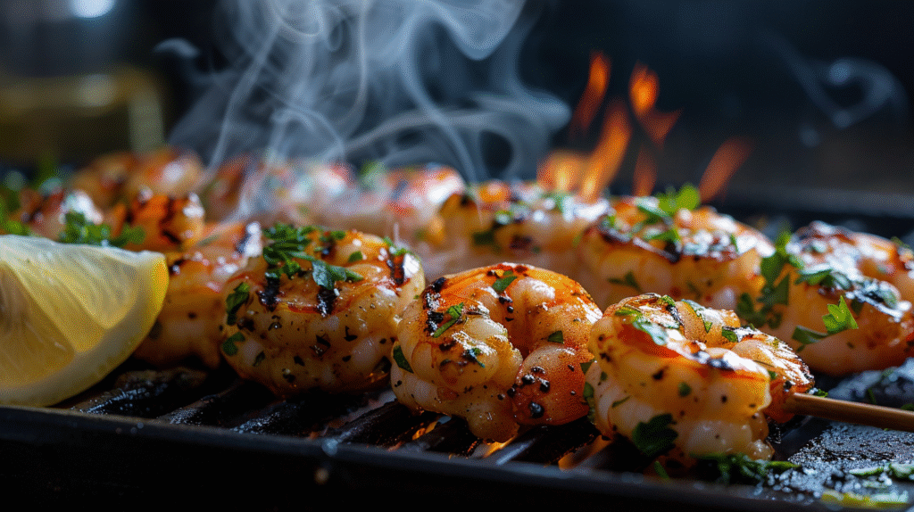 Garlic butter shrimp skewers grilling on barbecue with char marks and fresh herbs