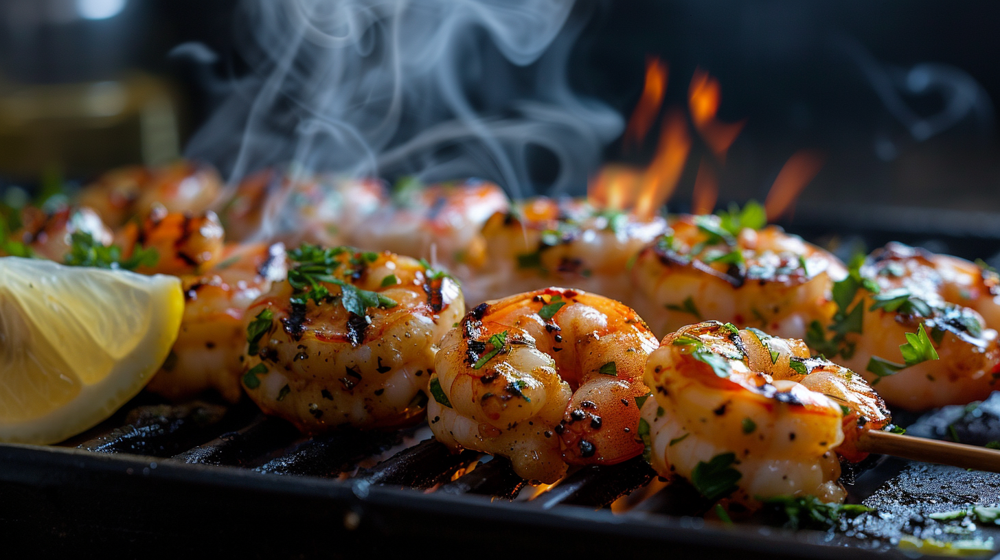 Garlic butter shrimp skewers grilling on barbecue with char marks and fresh herbs