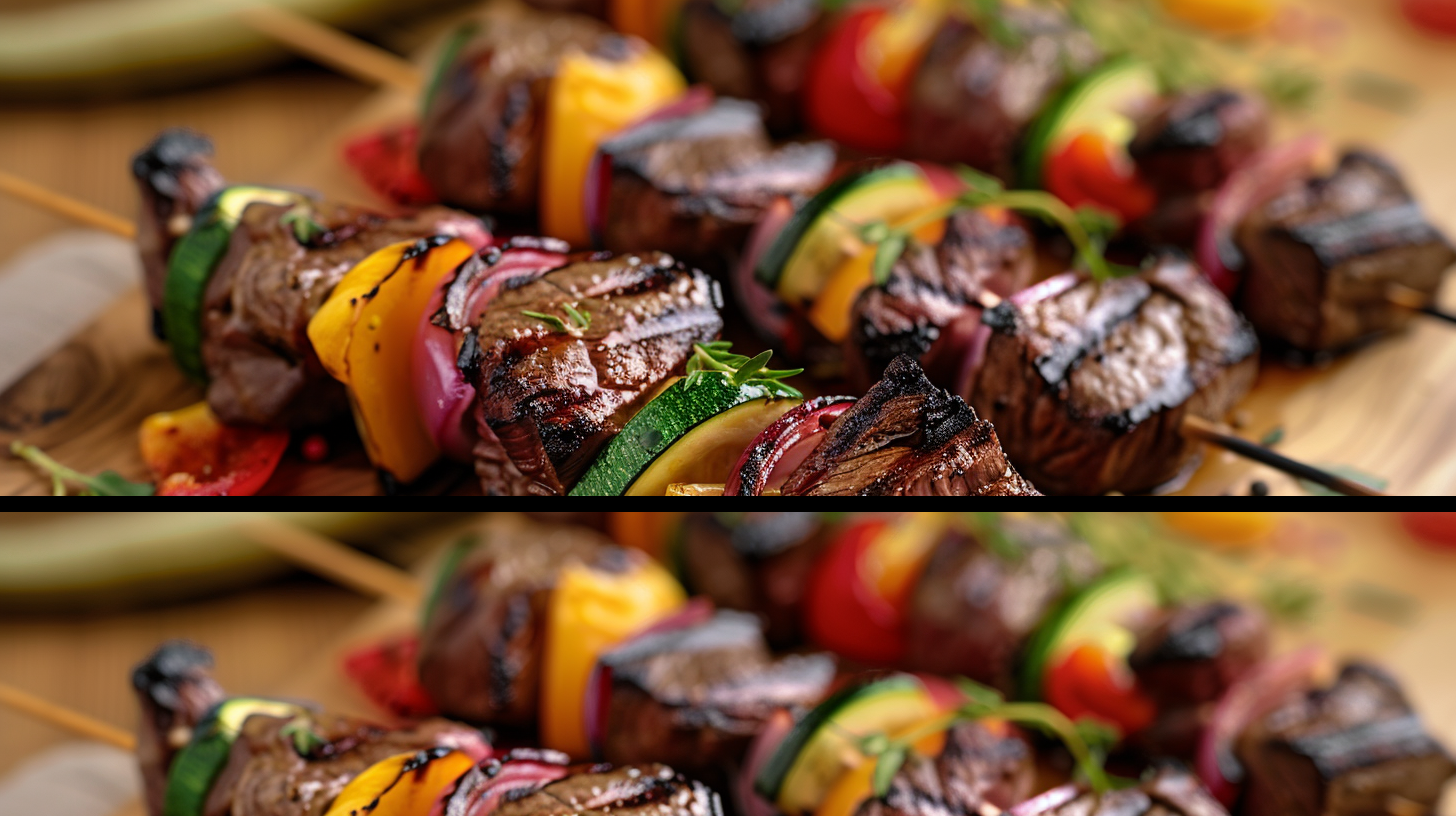 Grilled steak kabobs with perfectly charred beef and colorful vegetables on wooden skewers