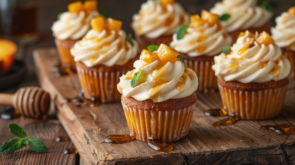 Honey peach cream cheese cupcakes with swirled frosting and fresh peach topping on wooden board